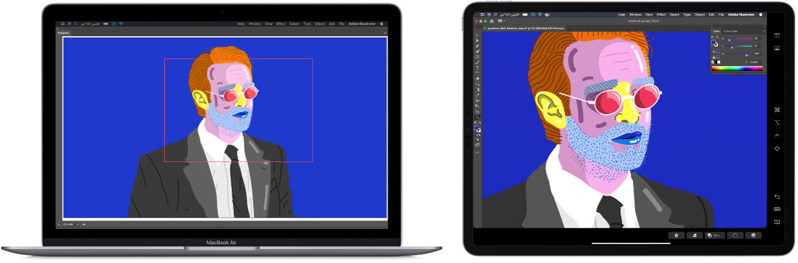 شاشة Mac بجوار شاشة iPad. كلتا الشاشتين تعرضان نافذة من تطبيق رسومات.