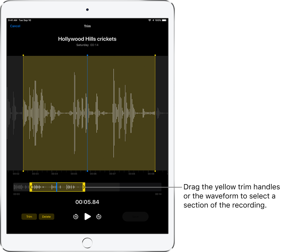 The recording being trimmed, with the yellow trim handles enclosing a portion of the audio waveform at the bottom of the screen. A Play button and a recording timer appear below the waveform and trim handles.