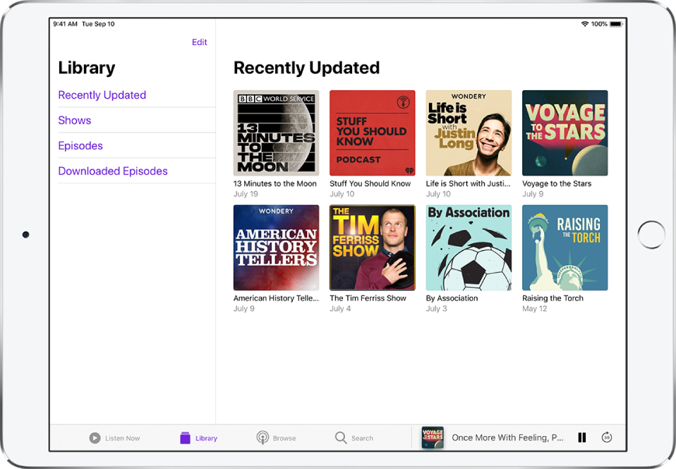 The Library tab showing recently updated podcasts.