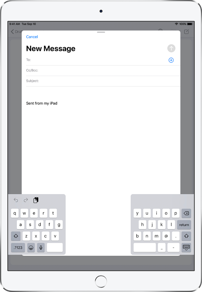 Split keyboard undocked—off the bottom of the iPad screen.