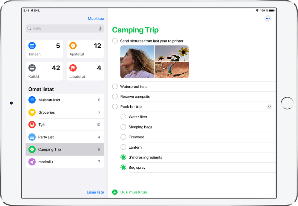 Muistutukset-näyttö, jossa vasemmalla puolella ovat muistutusluettelot ja oikealla puolella on luettelo nimeltä Telttaretki. Merkitse muistutus suoritetuksi napauttamalla sitä.