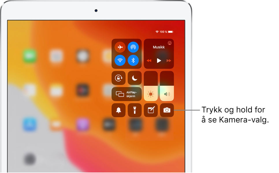 Kontroller for flymodus, mobildata, Wi-Fi og Bluetooth i gruppen øverst til venstre i Kontrollsenter på Wi-Fi + Cellular-iPad-modeller. En bildetekst til Kamera-kontrollen om å trykke og holde på Kamera-symbolet (nederst til høyre) for å se flere valg i Kamera.