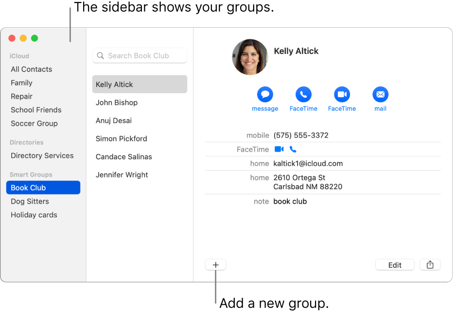 The Contacts window showing the sidebar with groups, such as Cycling Group, and the button at the bottom of a contact card for adding a new group.