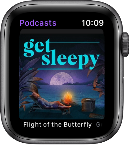 The Podcasts app on Apple Watch shows podcast artwork. Tap the artwork to play the episode.