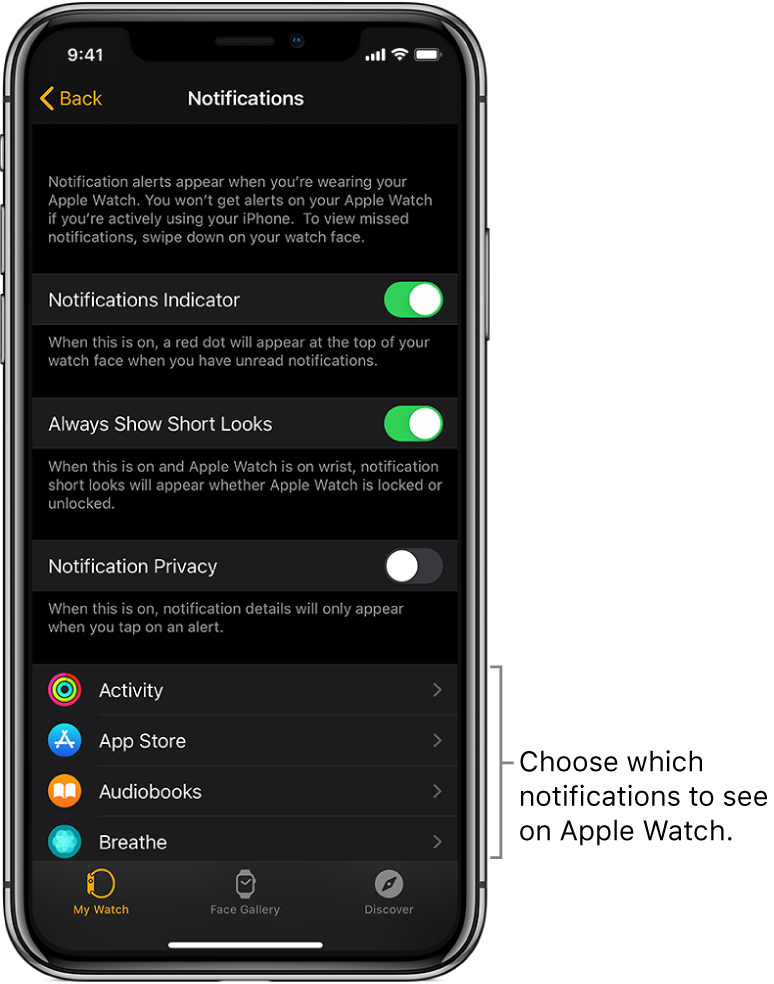 The Notifications screen in the Apple Watch app on iPhone, showing sources of notifications.