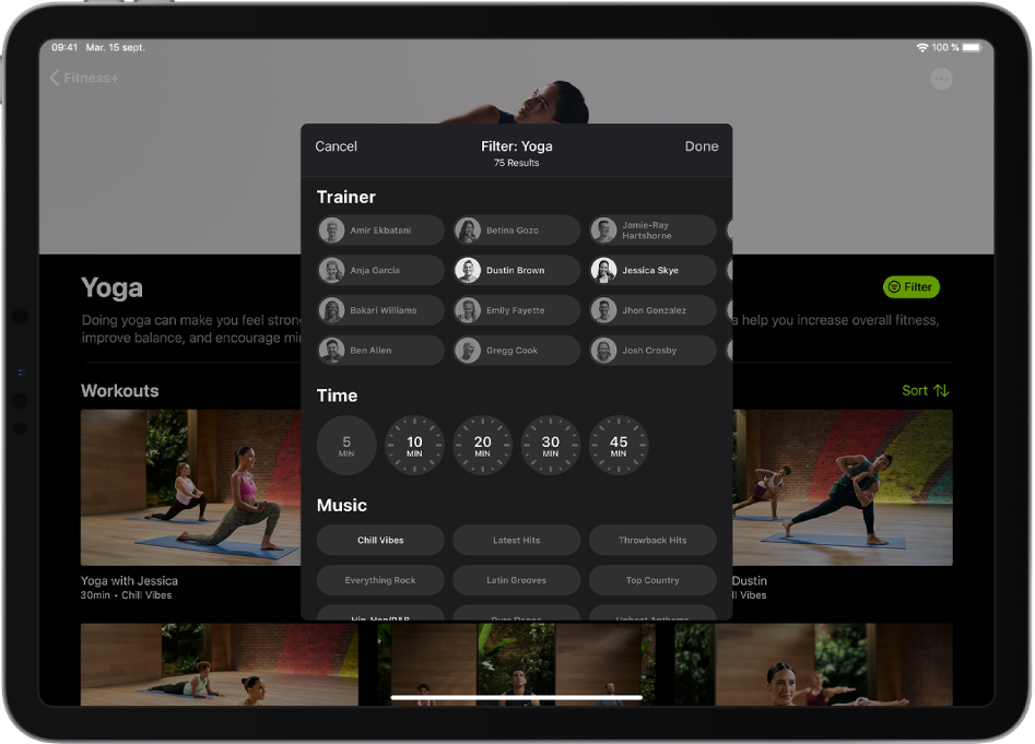 iPad affichant des options de filtrage pour des exercices de yoga dans Fitness+.