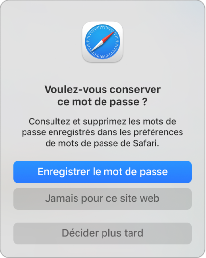 Zone de dialogue Safari demandant si vous souhaitez enregistrer le mot de passe d’un site web.