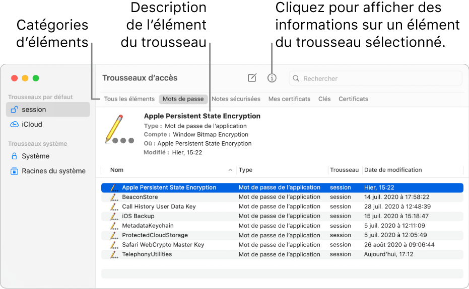 La fenêtre Trousseaux d’accès avec des trousseaux dans la barre latérale. À droite se trouve une description du mot de passe d’un trousseau de session sélectionné.