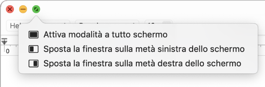 Il menu che viene visualizzato quando sposti il puntatore sul pulsante verde nell'angolo superiore sinistro di una finestra. I comandi del menu, dall'alto verso il basso, includono: “Attiva modalità a tutto schermo”, “Sposta la finestra sulla metà sinistra dello schermo”, “Sposta la finestra sulla metà destra dello schermo”.