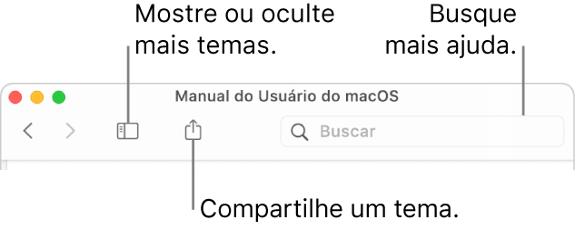 Uma janela de ajuda mostrando os botões na barra lateral que mostram ou ocultam o Sumário e compartilham um tema, e o campo para buscar temas.