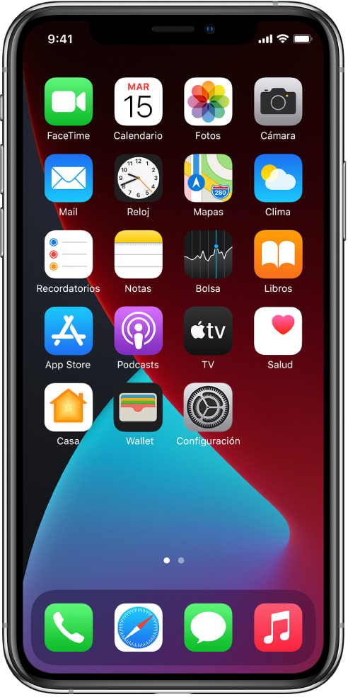 La pantalla de inicio del iPhone con el modo Obscuro activado.