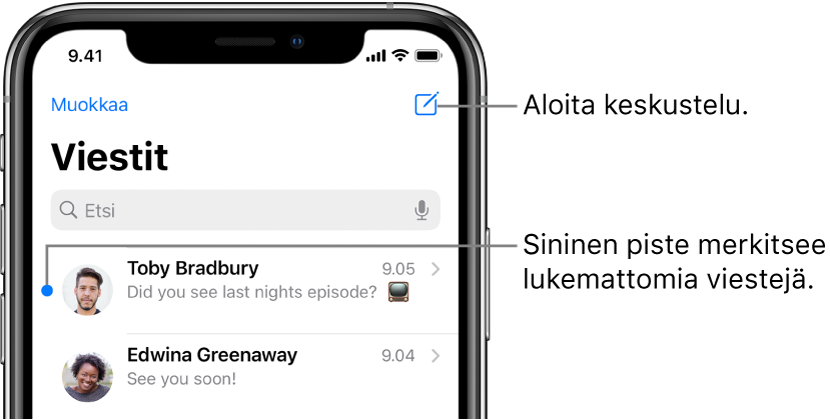Viestit-luettelo, jossa Muokkaa-painike on ylhäällä vasemmalla ja kirjoituspainike on ylhäällä oikealla. Sininen piste viestin vasemmalla puolella tarkoittaa, että viestiä ei ole luettu.