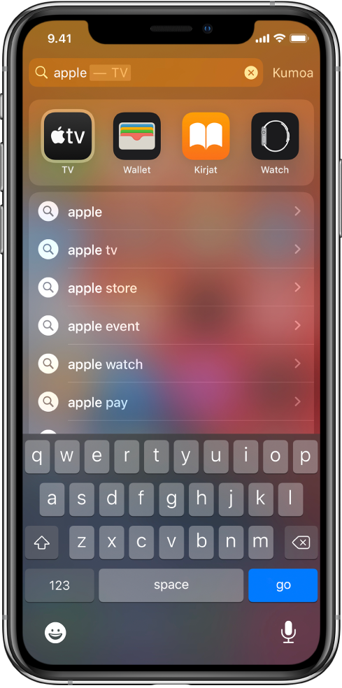 Näyttö, jossa näkyy haku iPhonella. Ylhäällä on hakukenttä, jossa on haettava teksti ”apple”, ja sen alapuolella ovat kohteena olevasta tekstistä löytyneet hakutulokset.