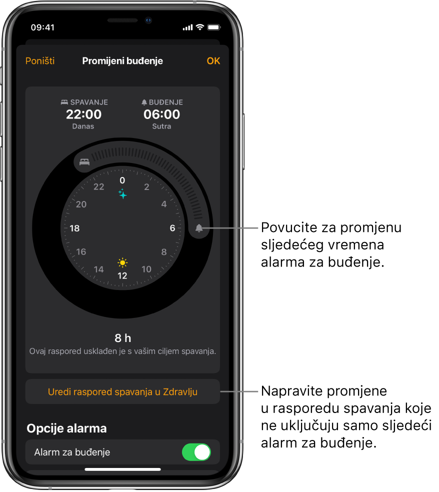 Zaslon za promjenu sutrašnjeg alarma Buđenje s tipkama koje možete povući za promjenu vremena odlaska na spavanje i vremena buđenja, tipkom za promjenu rasporeda buđenja u aplikaciji Zdravlje i tipkom za isključivanje ili uključivanje alarma Buđenje.