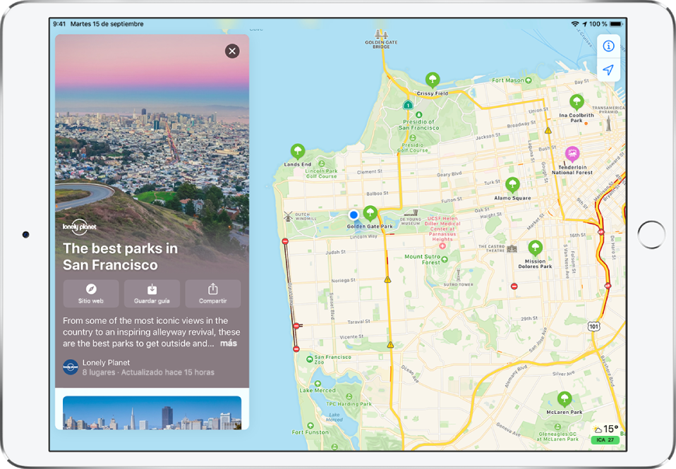 Guía de los parques de San Francisco en la parte izquierda del mapa de una ciudad.