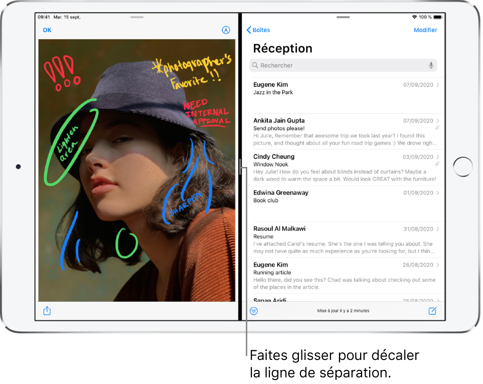 Une app graphique est ouverte sur le côté gauche de l’écran et Mail est ouvert sur le côté droit. Une légende relative à la ligne sombre entre eux indique « Faites glisser pour redimensionner le séparateur ».