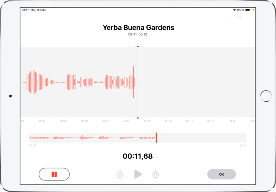 L’écran d’enregistrement Dictaphone avec les commandes pour démarrer, mettre en pause, lire et terminer un enregistrement. Le voyant orange « Dictaphone en cours d’utilisation » apparait en haut à droite.