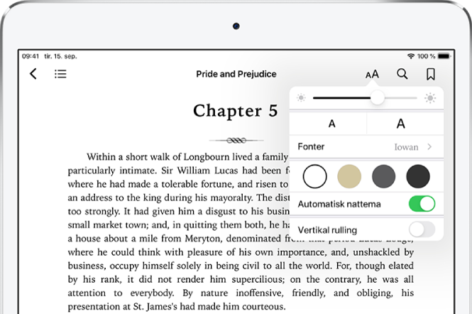 Menyen for utseende er markert i en bok og viser, fra øverst til nederst, kontrollene for lysstyrke, fontstørrelse, fontstil, automatisk nattema, sidefarge og rullevisning.