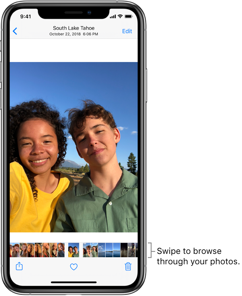 A photo with thumbnails of other photos across the bottom of the screen. At the top left is a back button, which takes you back to the view in which you were browsing. Along the bottom are the Share, Like, and Delete buttons. In the top right is the Edit button.