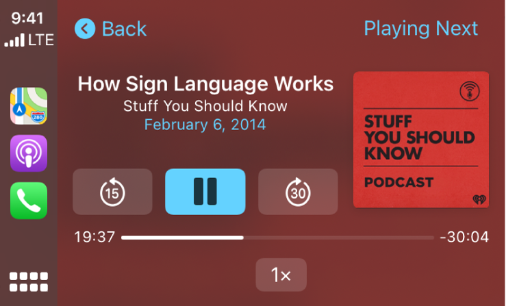 CarPlay Dashboard showing the podcast How Sign Language Works by Stuff You Should Know playing.