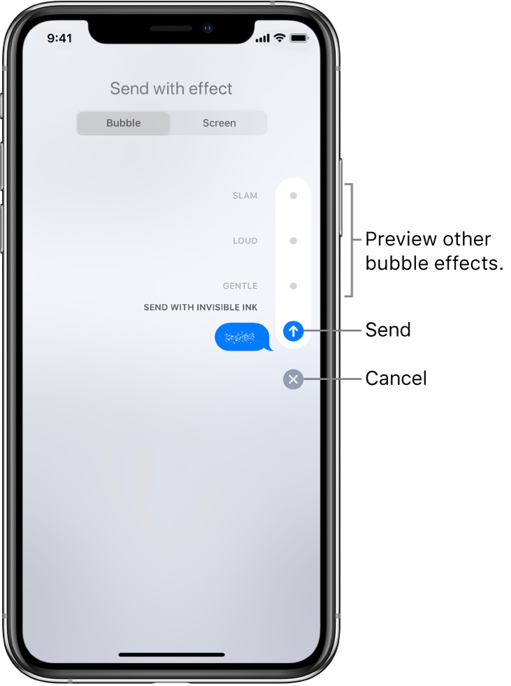 A message preview with the invisible ink effect. Along the right, tap a control to preview other bubble effects. Tap the same control again to send, or tap the Cancel button below to return to your message.