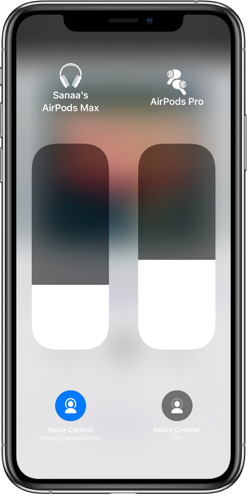 Volume slider controls for two sets of AirPods. Noise Control buttons appear below the volume slider controls.