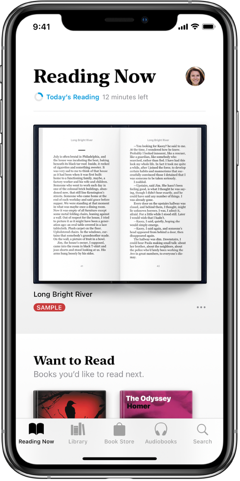 The Reading Now screen in the Books app. At the bottom of the screen are, from left to right, the Reading Now, Library, Book Store, Audiobooks and Search tabs.