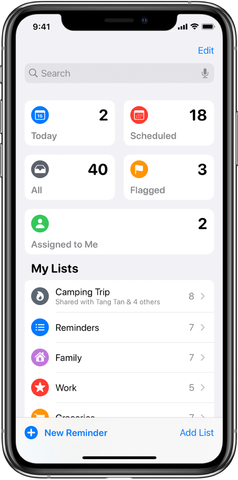 A screen showing several lists in Reminders. Smart Lists appear at the top for reminders due today, scheduled reminders, all reminders, and flagged reminders. The Add List button is at the bottom right.