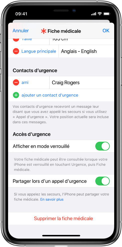 Écran Fiche médicale. En bas se trouvent les options pour afficher les informations de votre fiche médicale lorsque l’écran de l’iPhone est verrouillé et lorsque vous passez un appel d’urgence.