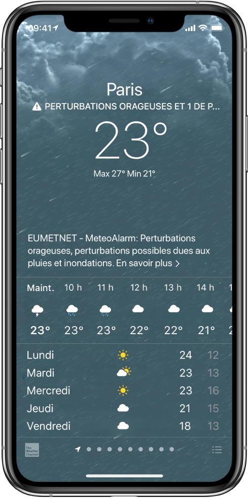 Écran Météo affichant, de haut en bas : le lieu, un avertissement pour orage violent, la température actuelle, les températures maximale et minimale du jour, et un graphique qui montre les niveaux de précipitation pour la prochaine heure. En bas de l’écran sont affichées les prévisions heure par heure, suivies d’une rangée de points qui montre le nombre de lieux qui figurent dans la liste des lieux. Dans l’angle inférieur droit se trouve le bouton « Modifier les villes ».