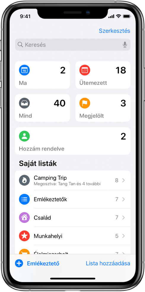 A képernyőn számos különböző lista látható az Emlékeztetők alkalmazásban. Az adott napon esedékes emlékeztetők, az ütemezett emlékeztetők, az összes emlékeztető és a megjelölt emlékeztetők intelligens listái a képernyő tetején jelennek meg. A Lista hozzáadása gomb a jobb alsó részen található.