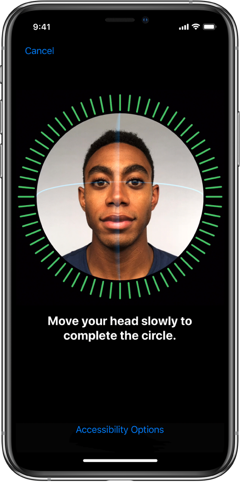 Face ID тануын орнату экраны. Шеңбермен қоршалған бет экранда көрсетіліп тұр. Төмендегі мәтін сізге шеңберді аяқтау үшін басыңызды жайлап қозғауға нұсқау беріледі.