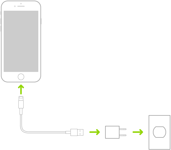 Қуат розеткасына қосылған қуат адаптеріне қосылған iPhone.