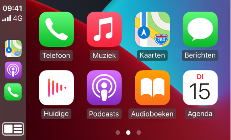 Het CarPlay-beginscherm, met symbolen voor Telefoon, Muziek, Kaarten, Berichten, Huidige, Podcasts, Audioboeken en Agenda.