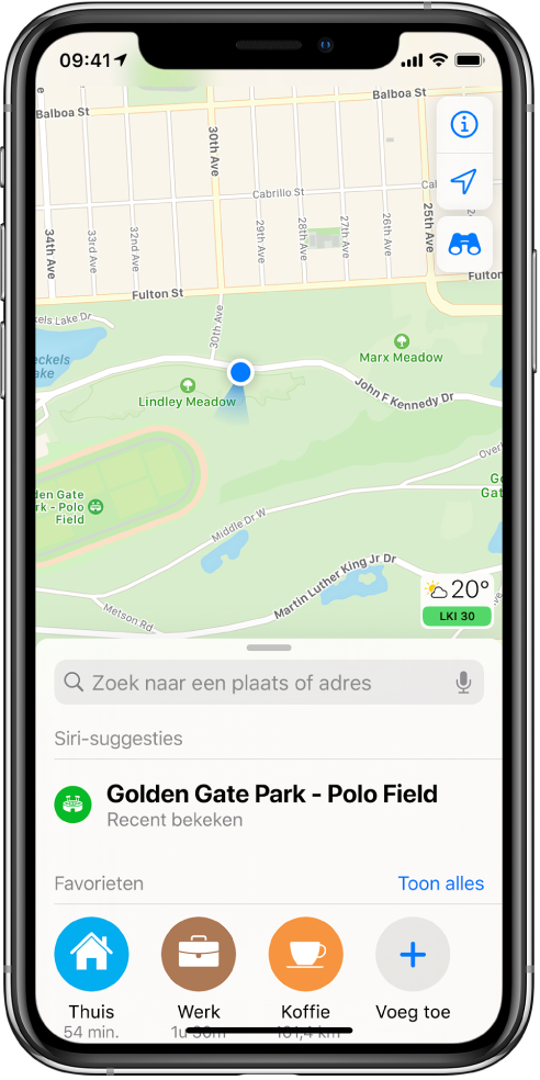 Een kaart van een park en drie favoriete locaties onder in het scherm. De favorieten zijn Thuis, Werk en Koffie.