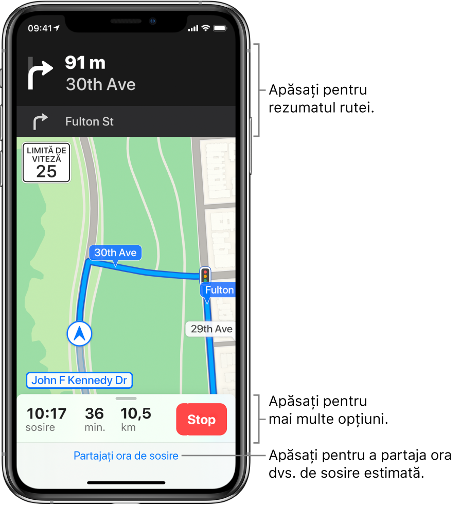 Hartă care prezintă o rută auto, inclusiv instrucțiunea de a face un viraj la dreapta peste 92 de metri. În apropierea părții de jos a hărții, apar ora sosirii, durata de deplasare și distanța totală în stânga butonului Stop. Partajare oră de sosire apare în partea de jos a ecranului.