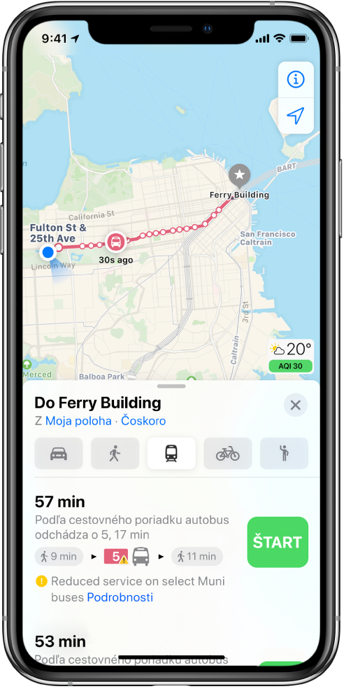 Mapa, na ktorej je vidieť trasa verejnou dopravou cez San Francisco. V dolnej časti obrazovky sa na karte trasy nachádza tlačidlo Začať.