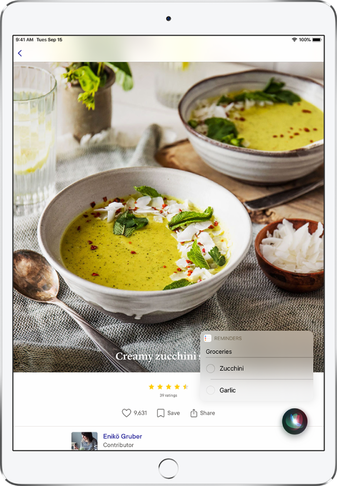 Siri displays a reminders list called Groceries with zucchini and garlic listed. The list appears over a recipe for creamy zucchini soup.