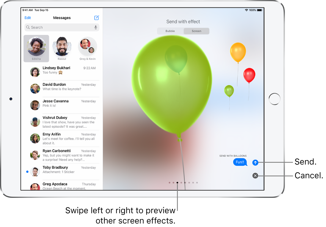 A message preview showing a full-screen effect with balloons.