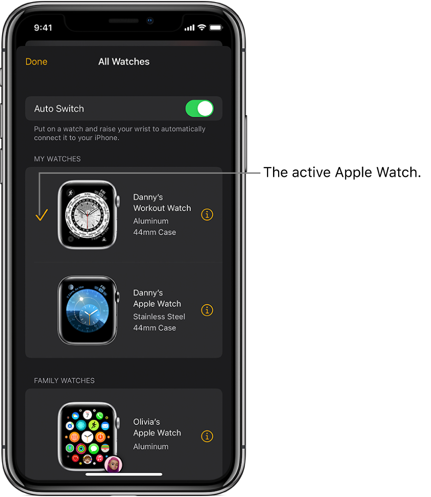 In the All Watches screen of the Apple Watch app, a checkmark shows the active Apple Watch.