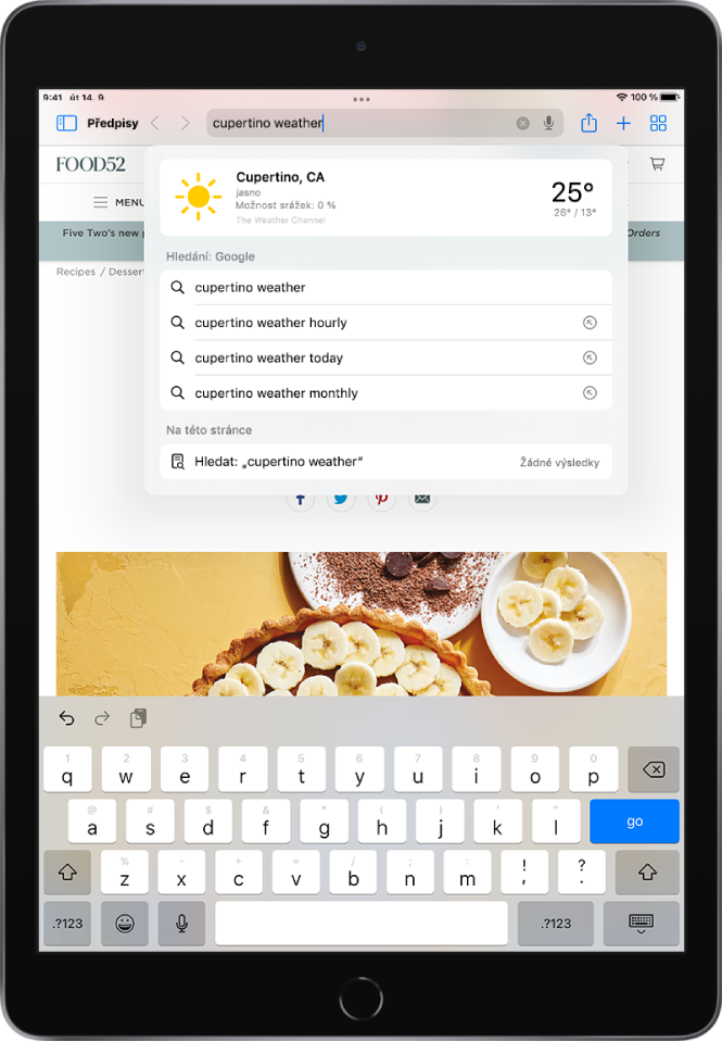 Webová stránka se slovy „počasí v cupertinu“ zadanými do vyhledávacího pole. Pod ním jsou uvedené návrhy dotazů pro Google a seznam všech výskytů slov „počasí v cupertinu“ na aktuální webové stránce.