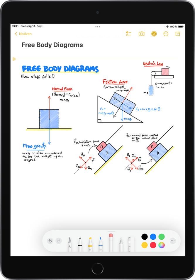 Von Hand gezeichnete Kräftediagramme in der App „Notizen“ werden mit Formularen und Notizen angezeigt. Am unteren Bildschirmrand befindet sich die Symbolleiste „Markierungen“, die Zeichenwerkzeuge und eine Farbauswahl enthält.