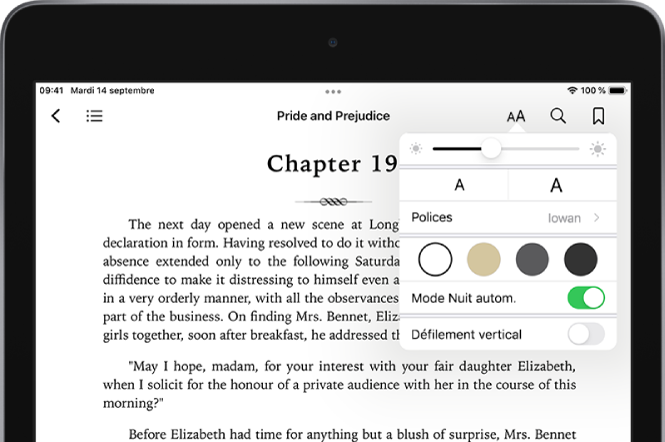 Le menu Apparence d’un livre sélectionné affichant, de haut en bas, les commandes relatives à la luminosité, à la taille de la police, au style de la police, à la couleur de la page, au mode Nuit automatique et à la présentation en défilement.