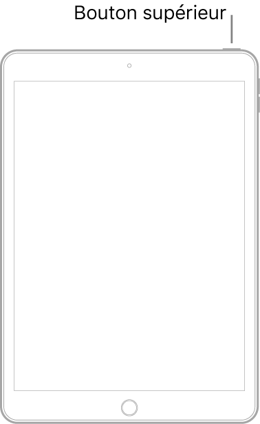 Illustration d’un modèle d’iPad avec d’un bouton principal. Le bouton supérieur est affiché près du bord droit.