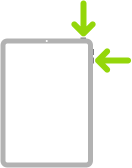 Un'immagine di iPad con alcune frecce che indicano il tasto superiore e uno dei tasti volume, in alto a destra.