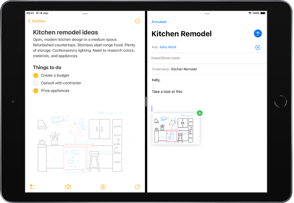 Een Split View­weergave met links Notities geopend en rechts een e-mail. Een foto wordt vanuit Notities naar de e-mail gesleept.