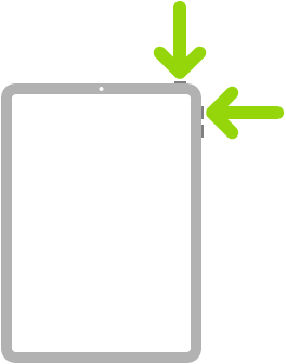Ilustrácia iPadu so šípkami ukazujúcimi na vrchné tlačidlo a na tlačidlo na zvýšenie hlasitosti vpravo hore.