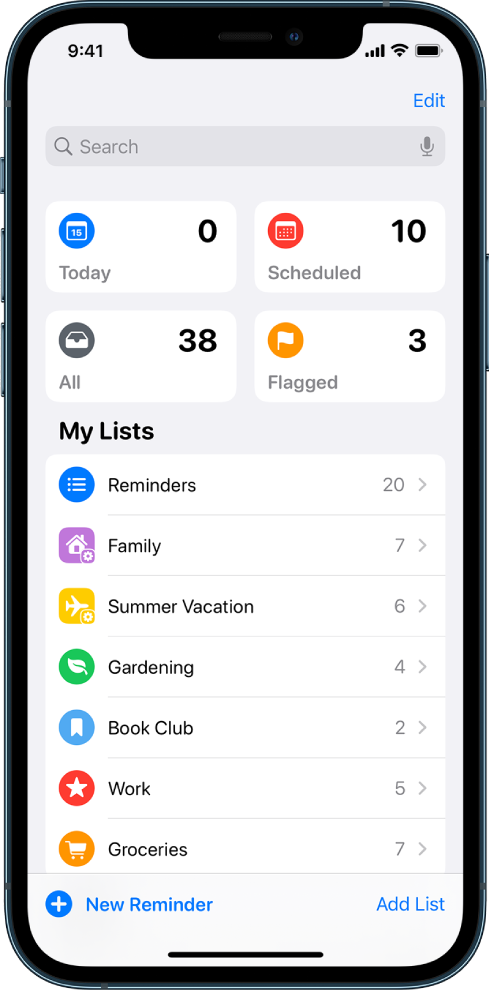 Екран на Reminders (Напомняния), който показва няколко списъка. Полето за търсене се появява в горния край над Smart Lists (Интелигентни списъци) за напомняния със срок днес, за насрочени напомняния, за всички напомняния и за напомняния, отбелязани с флаг. Долу дясно се появява бутонът Add List (Добави списък).