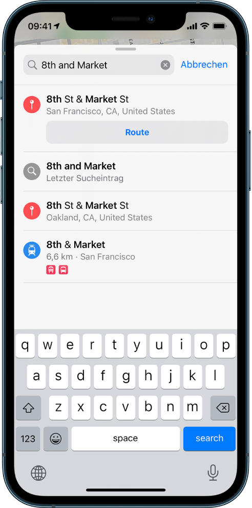 Die Suchkarte mit dem eingegebenen Suchbegriff „8th and Market“ und mehreren Ergebnissen.