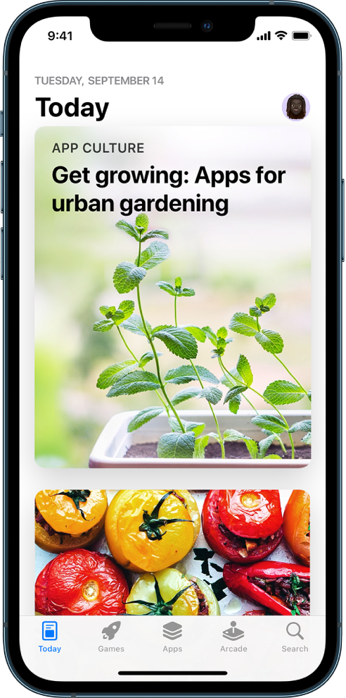 The Today screen in the App Store showing a featured story and app. Your profile picture is at the top right. Along the bottom, from left to right, are the Today, Games, Apps, Arcade, and Search tabs.